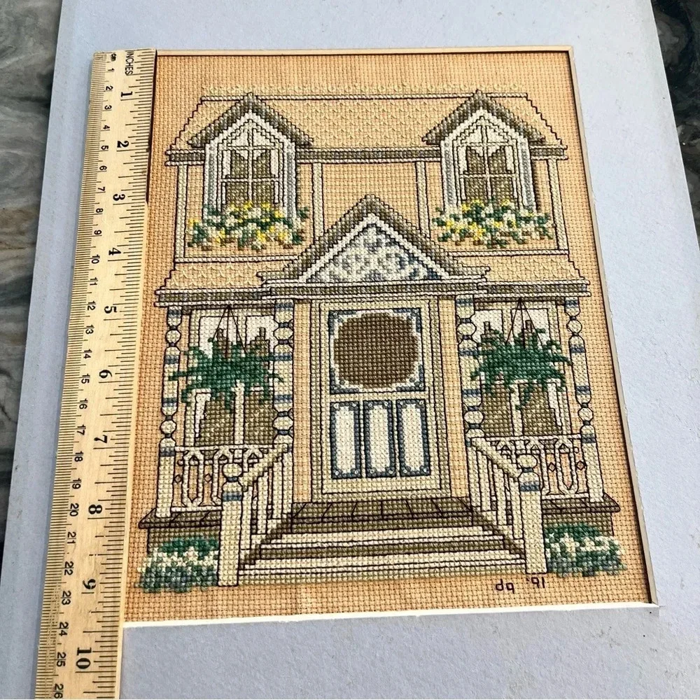 Vintage Cross Stitch Victorian House With Ferns Signed Dated - Picture 11 of 11